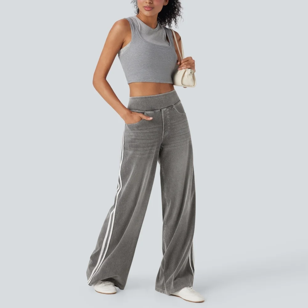 HALARA Gray High Rise Stripe Women Jeans Petite Large 12/14 - Picture 2 of 5